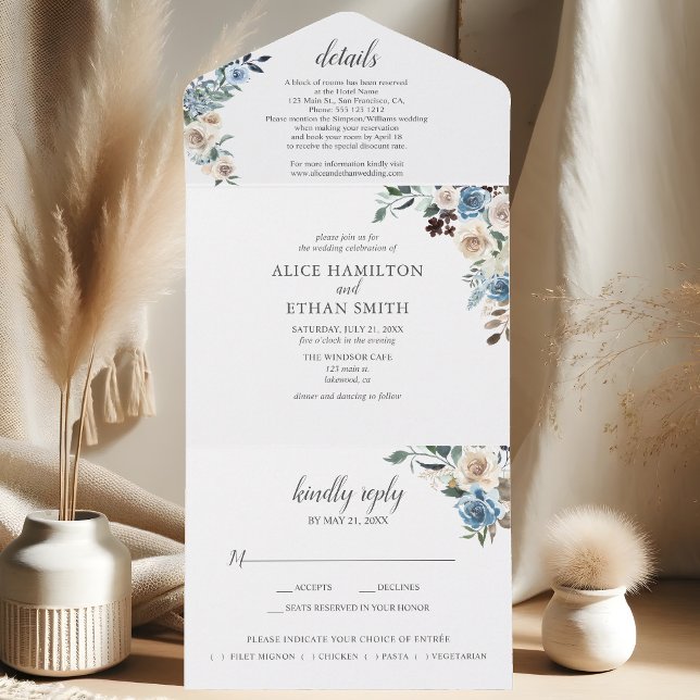 Invitation Tout En Un Mariage rustique boho fleurs bleues poussiéreuses  (Créateur téléchargé)