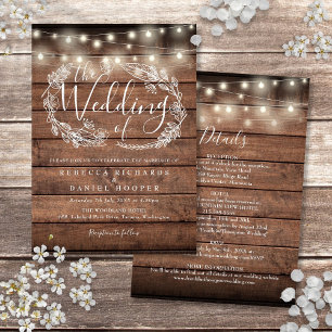 Invitation Tout en Un Mariage Rustique Bois Guirlande Lumineu