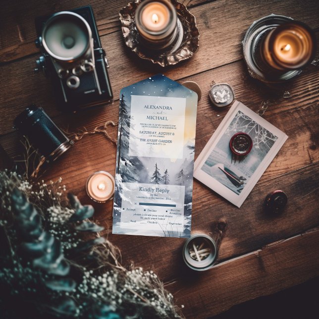 Invitation Tout En Un Mariage rustique de l'arbre de pin aquarelle (Créateur téléchargé)