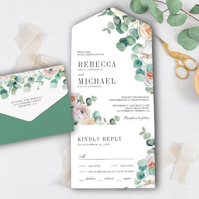 Invitation Tout En Un Mariage Rustique Douces Roses Feuillage Eucalyptus (Créateur téléchargé)