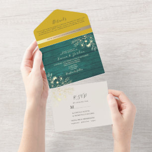 Invitation Tout En Un Mariage Rustique en Bois Émeraude Vert et Jaune