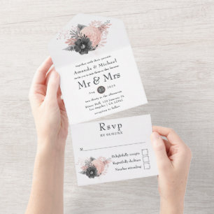 Invitation Tout En Un Mariage rustique floral pastel rose et charbon Al
