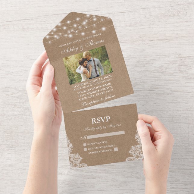 Invitation Tout En Un Mariage rustique Lumières dentelle Kraft photo (Déchirure)