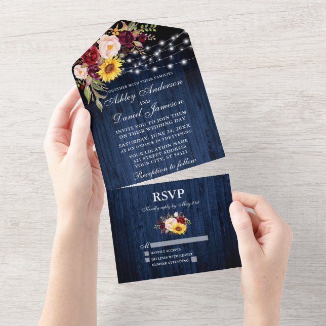 Invitation Tout En Un Mariage rustique Mixte Floral Bleu Lumières Bois (Déchirure)