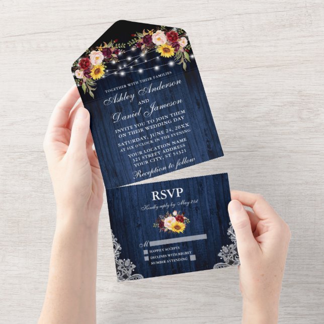 Invitation Tout En Un Mariage rustique Mixte Floral Bleu Lumières dentel (Déchirure)