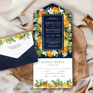 Invitation Tout En Un Mariage rustique orange mandarine bleu marine