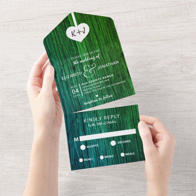 Invitation Tout En Un Mariage Rustique Vert Bois Coeur Tout en un (Déchirure)