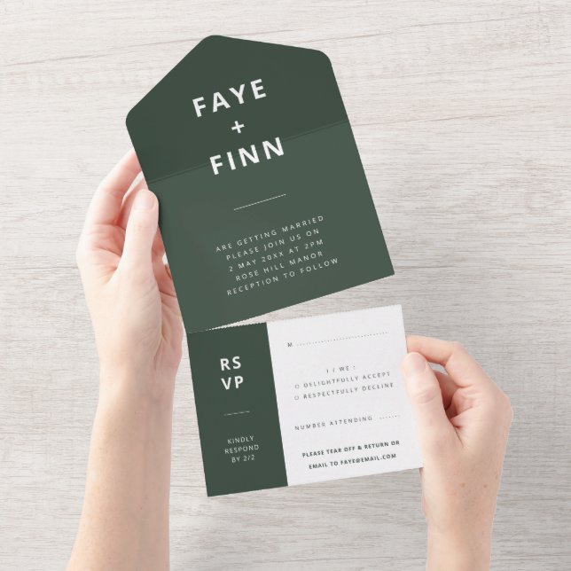 Invitation Tout En Un Mariage Scandi | Mousse vert foncé minimaliste RSV (Déchirure)