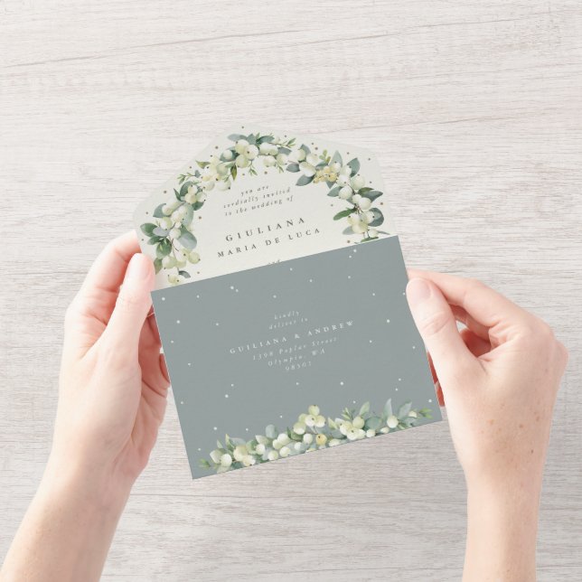 Invitation Tout En Un Mariage Seafoam Green/Crème Snowberry+Eucalyptus (Ouverture)