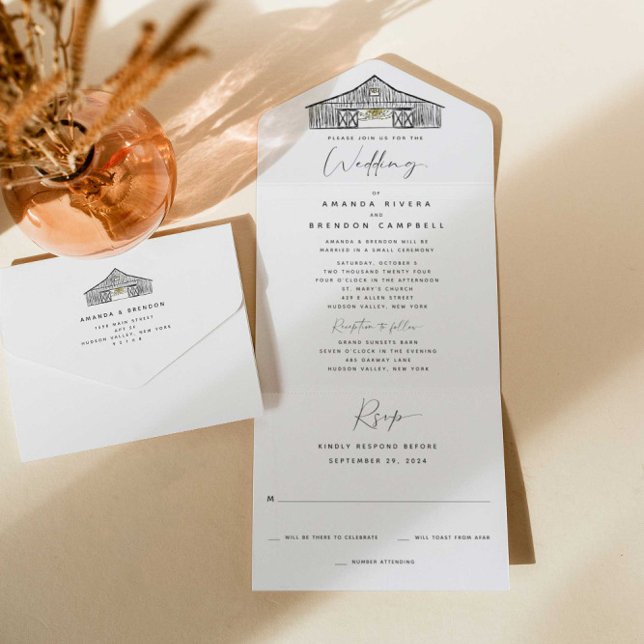 Invitation Tout En Un Mariage Simple Cérémonie de Grange Élégante | Réce (Créateur téléchargé)