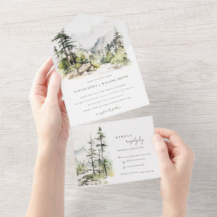 Invitation Tout En Un Mariage Sketch Paysage de montagne de Soft Woods