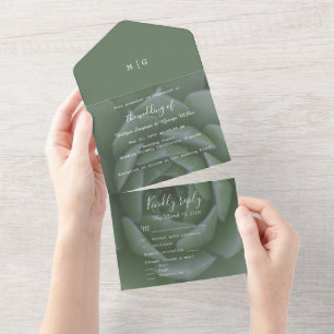 Invitation Tout En Un mariage succulent de monogramme vert sauge