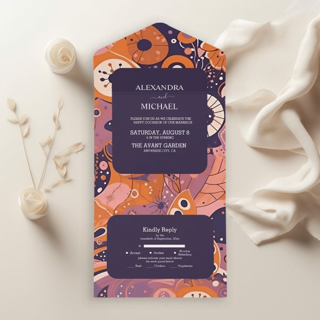 Invitation Tout En Un Mariage super rouge orange rétro (Créateur téléchargé)