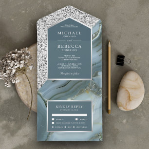 Invitation Tout En Un Mariage sur ardoise de marbre bleu gris et argent 