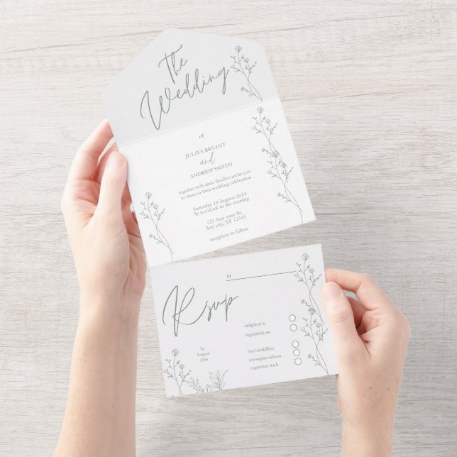 Invitation Tout En Un Mariage tendance blanche et verte (Déchirure)