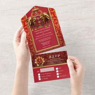 Invitation Tout En Un Mariage thème éléphant indien or rouge Hindi Hindo
