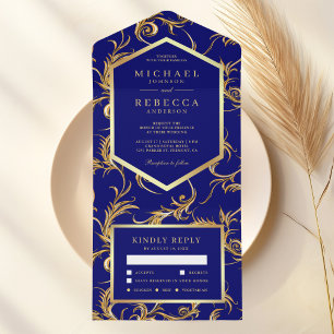 Invitation Tout En Un Mariage Tourbillon en feuille d'or Bleu Royal
