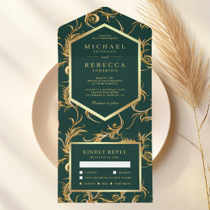 Invitation Tout En Un Mariage Tourbillon Feuille Dorée Vert Emeraude