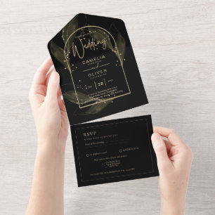 Invitation Tout En Un Mariage tout inclus Black Gold élégant RSVP