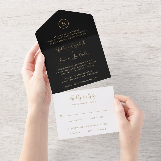 Invitation Tout En Un Mariage traditionnel noir et or élégant (Déchirure)