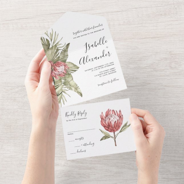Invitation Tout En Un Mariage tropical à la protéa aquarelle  (Déchirure)