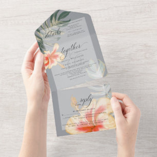 Invitation Tout En Un Mariage Tropical aux Hibiscus Écarlates et Jaunes 