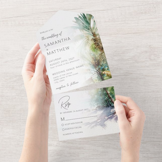 Invitation Tout En Un Mariage Tropical Beach Palm Trees (Déchirure)