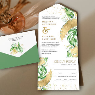 Invitation Tout En Un Mariage Tropical Green Gold Monstera Feuilles de P