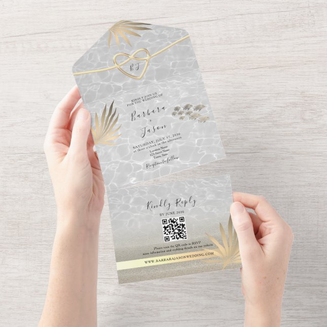 Invitation Tout En Un Mariage Tropical Palm Tree Gold Beach (Déchirure)