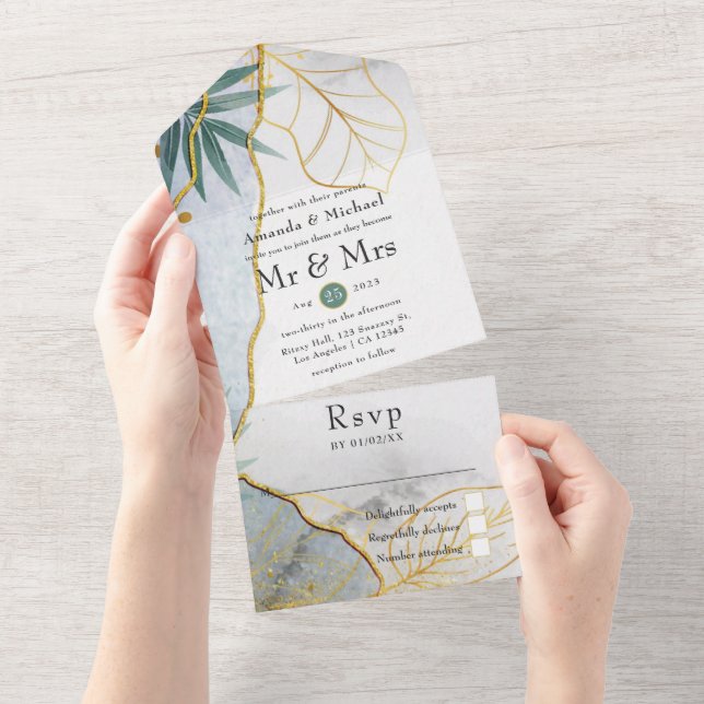 Invitation Tout En Un Mariage Tropical Vert et Or (Déchirure)