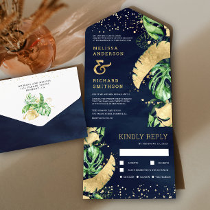 Invitation Tout En Un Mariage Tropical Vert Or Monstera Bleu Marine