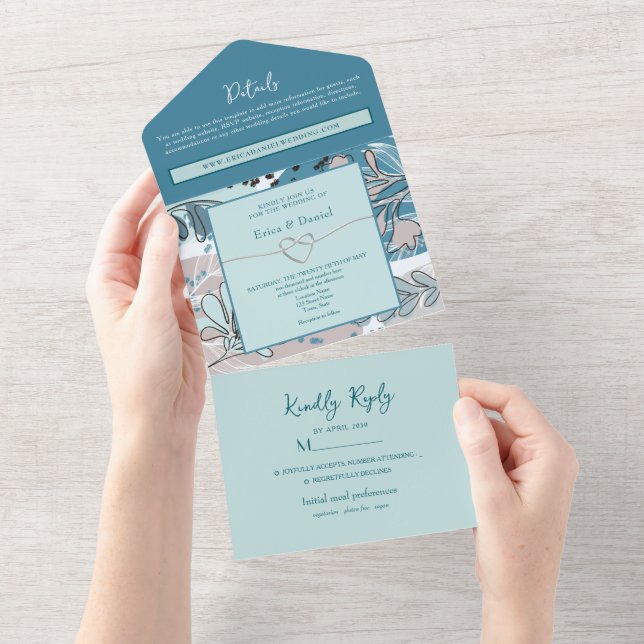 Invitation Tout En Un Mariage Turquoise botanique Abstrait (Déchirure)