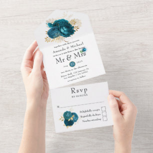 Invitation Tout En Un Mariage Turquoise et Or de la Forêt de Minuit