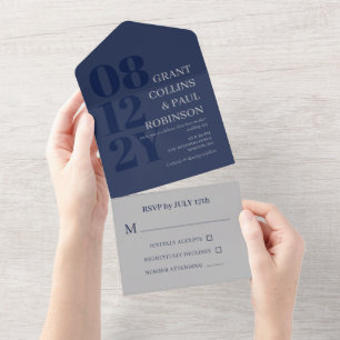 Invitation Tout En Un Mariage Typographie Élégante Bleu Marine Gris