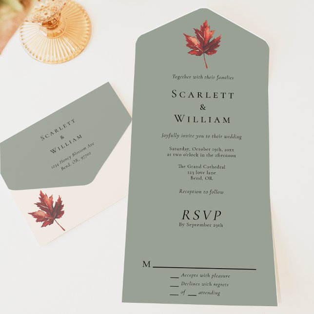 Invitation Tout En Un Mariage vert à faible hauteur de chute simple (Créateur téléchargé)