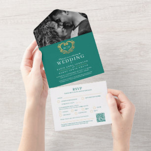Invitation Tout En Un Mariage vert émeraude blanc or monogramme cœur QR