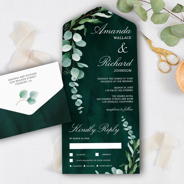 Invitation Tout En Un Mariage vert émeraude de la branche Eucalyptus (Créateur téléchargé)