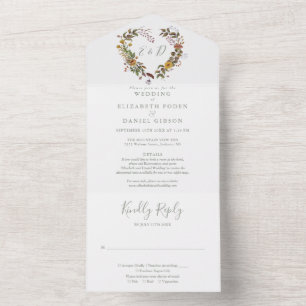 Invitation Tout En Un Mariage Vert Sauge avec Détails de Cœur Floral Rus