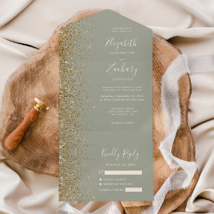 Invitation Tout En Un Mariage Vert Sauge Paillettes Or Moderne
