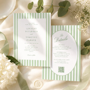 Invitation Tout en Un Mariage Vert Sauge Rayé
