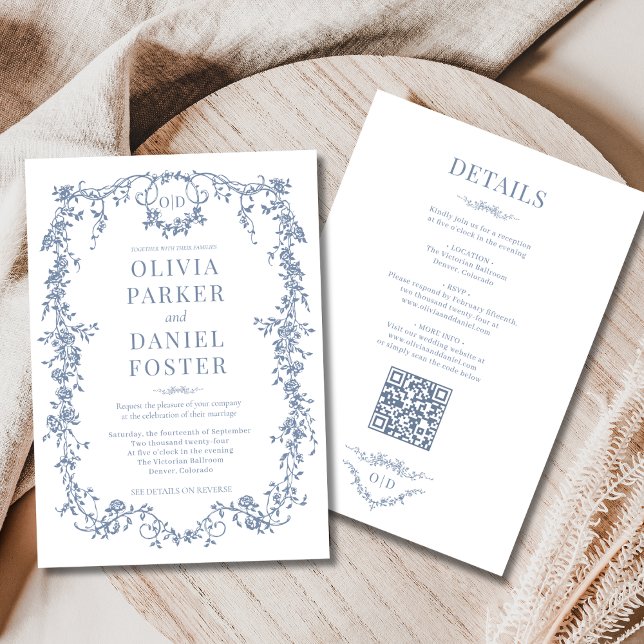 Invitation Tout en un Mariage victorien Dusty Blue Monogram (Créateur téléchargé)