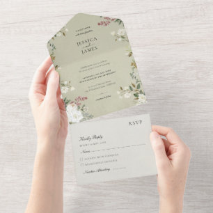 Invitation Tout En Un Mariage vintage floral velours vert sauge