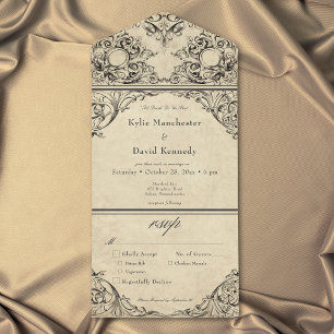 Invitation Tout En Un Mariage Vintage Jusqu'à la Mort Noir Parchemin Bru