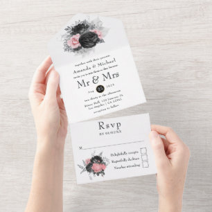 Invitation Tout En Un Mariage Vintage noir et rose tous en un