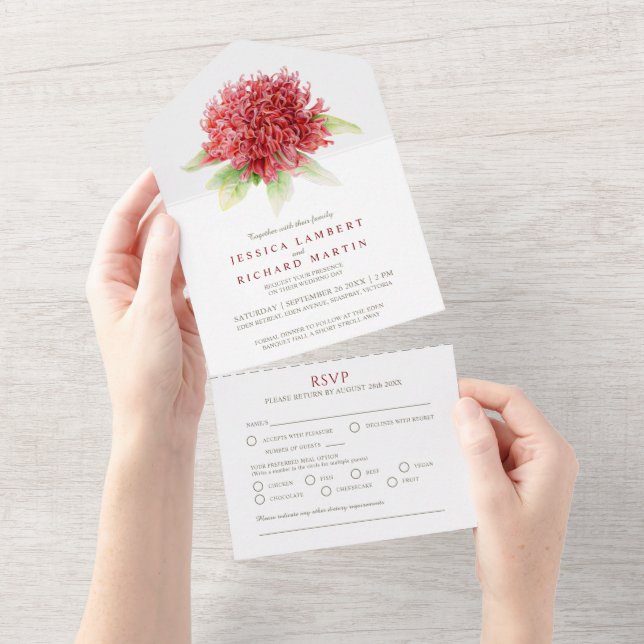 Invitation Tout En Un Mariage waratah farine d'aquarelle de fleur RSVP (Déchirure)