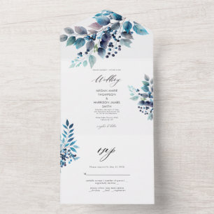 Invitation Tout En Un Mariage Watercolor Blue Branches et Berries