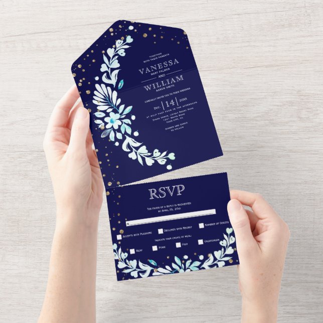 Invitation Tout En Un Marine bleu blanc fleuri mariage de coeur (Déchirure)