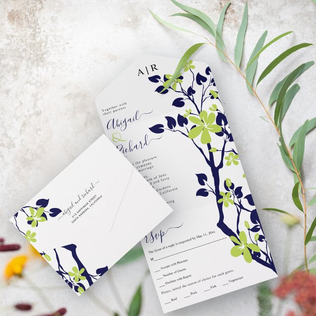 Invitation Tout En Un Marine bleu, branche verte citron avec fleurs mari (Créateur téléchargé)