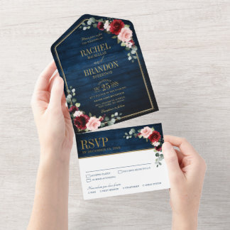 Invitation Tout En Un Marine Bleu Brousse Bourgogne Or Mariage géométriq