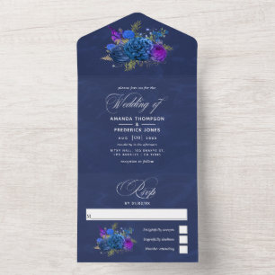 Invitation Tout En Un Marine Bleu et Gold Vintage mariage All In One Inv